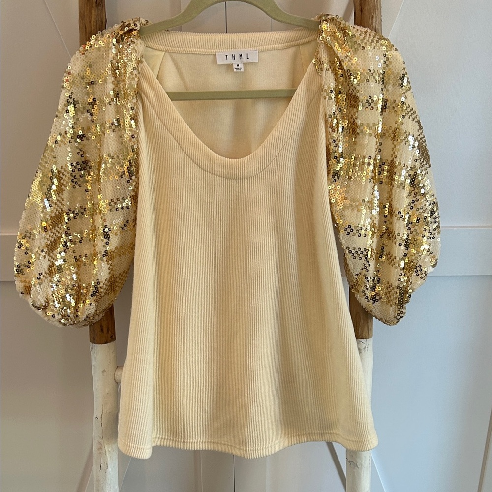 THML Festive Cream Top with Gold Sequin Sleeves